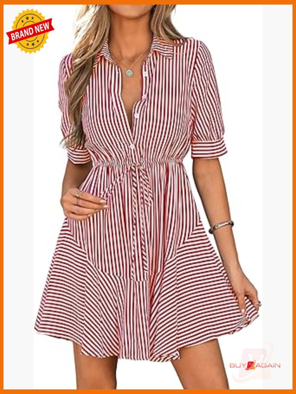 Puff Short Sleeve Striped Mini Summer Dress V Neck Button Down A Line Work